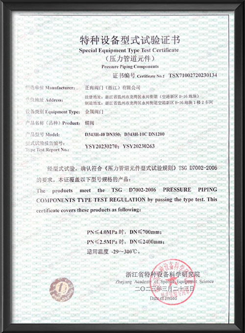 Special Equipment Type Test Certificate - Butterfly Valve