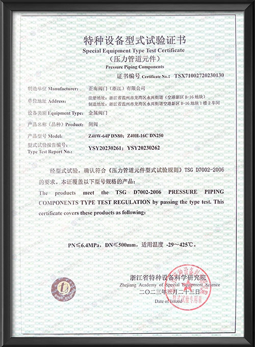 Special Equipment Type Test Certificate - Gate Valve