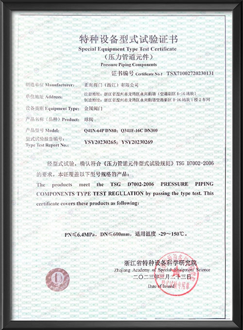Special Equipment Type Test Certificate - Ball Valve