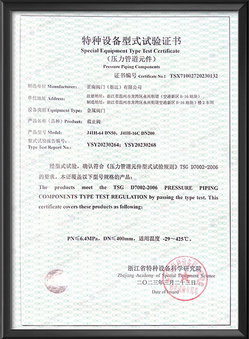Special equipment type test certificate - globe valve